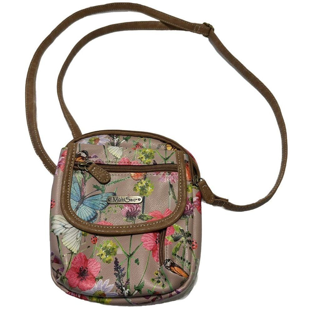 MultiSac Everest Adjustable Crossbody Brown Handbag  Floral Butterfly Pockets